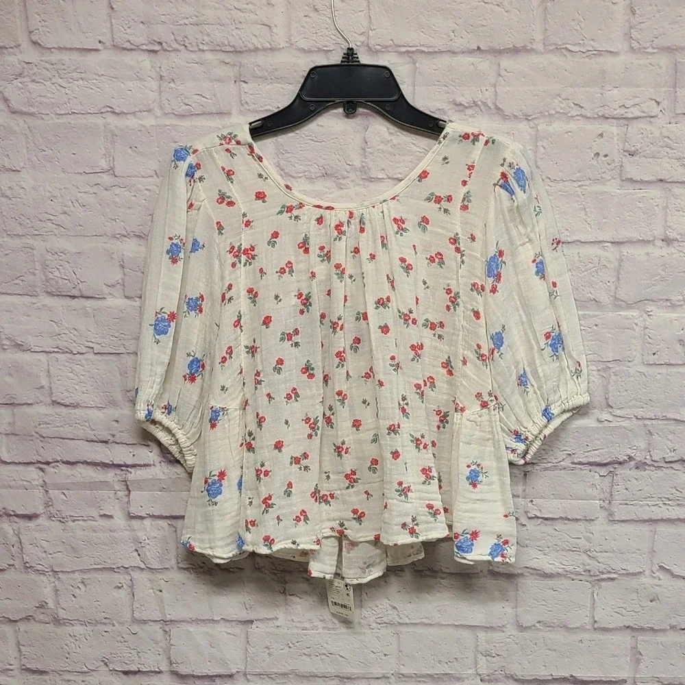 Free‎ People Floral Cotton Gauze Peplum Blouse Ivory Red Blue XS NEW WITH FLAW